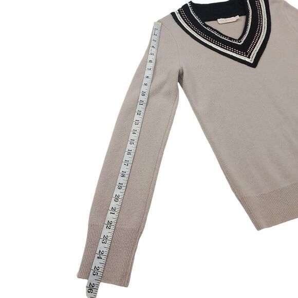 Tory Burch Merino Wool Sweater Womens XS Beige Rhinestones Sequin V-Neck Casual - Picture 9 of 13